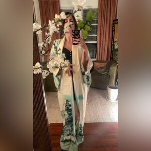 Antique silk kimono Kyoto Japan ink pastoral hand drawn mountain scape nature